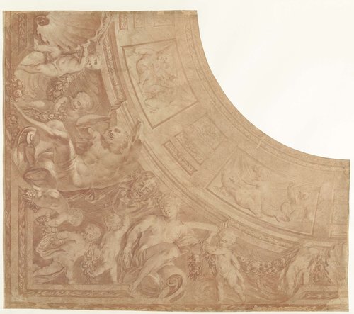 Ontwerp voor een hoekstuk van een plafond met zittende figuren, putti en buste van een sater