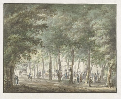 Gezicht in de Haarlemmerhout, met een menigte mensen voor het Heerenlogement by Hermanus van Brussel