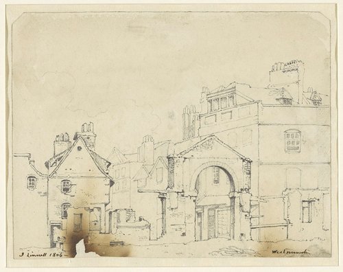 Huizen en een poort in Westminster