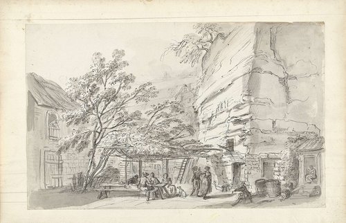 Drinkende en dansende personen op de binnenplaats van een taveerne tussen ruïnes