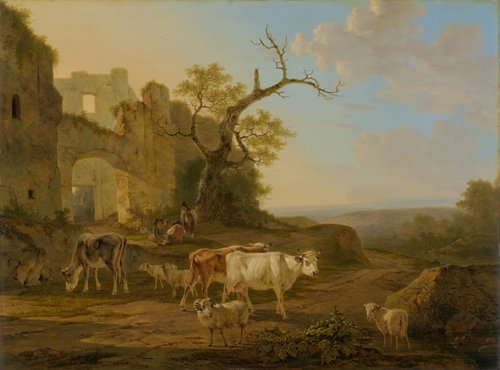 Landschap met vee bij een ruïne