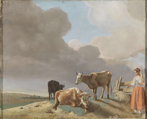 Landschap met koeien, schapen en herderin, gewijzigde kopie naar een schilderij van Paulus Potter, de herderin gekopieerd van een schilderij van Karel Dujardin (recto); onvoltooid portret van een man (verso)