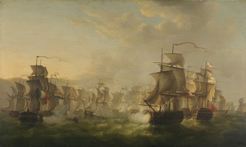 Het treffen tussen de Hollandse en de Britse vloot tijdens de tocht van de Hollandse flottielje naar Boulogne, 1804