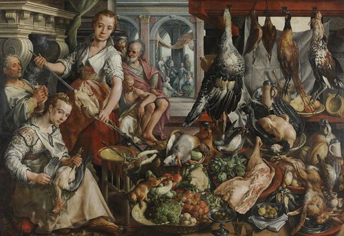 De welvoorziene keuken, met op de achtergrond Jezus bij Martha en Maria