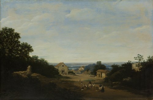 Braziliaans landschap met het dorp Igaraçú. Links de Cosmas en Damianuskerk