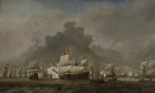 "Naval Battle between Michiel Adriaenszoon de Ruyter and the Duke of York on the ""Royal Prince"" during the Battle of Solebay, 7 June 1672:  episode from the Third Anglo-Dutch War"