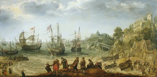Schepen bij een rotsachtige kust