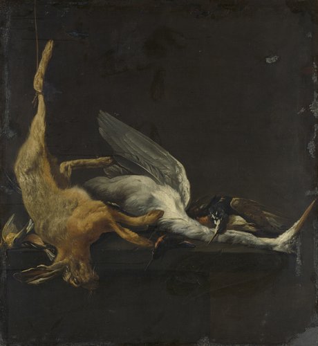 Stilleven met een haas, een reiger en ander gevogelte