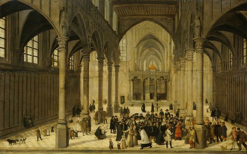 Kerkinterieur met Christus predikend voor een menigte
