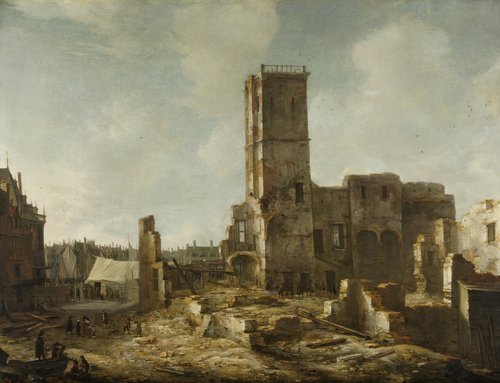 De puinhopen van het Oude Stadhuis te Amsterdam na de brand van 7 juli 1652