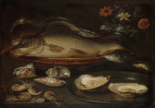 Stilleven met vissen, zeevruchten en bloemen