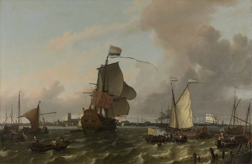 Het oorlogsschip Brielle op de Maas voor Rotterdam