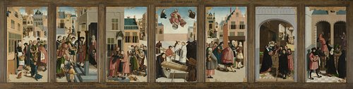 De zeven werken van barmhartigheid; 1: Het spijzen van de hongerigen 2: Het laven van de dorstigen 3: Het kleden van de naakten 4: Het begraven van de doden 5: Het herbergen van de reizigers 6: Het bezoeken van de zieken 7: Het vertroosten van de gevangenen
