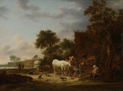 Boerenherberg met paard aan de trog