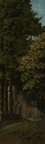 Buitenzijde van de linkervleugel van een drieluik met een bosgezicht