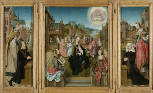 Drieluik met Maria met kind en heiligen (middenpaneel), de stichter met de heilige Martinus (binnenzijde linkervleugel), de stichteres met de heilige Cunera (binnenzijde rechtervleugel) en de verkondiging (buitenzijde vleugels)