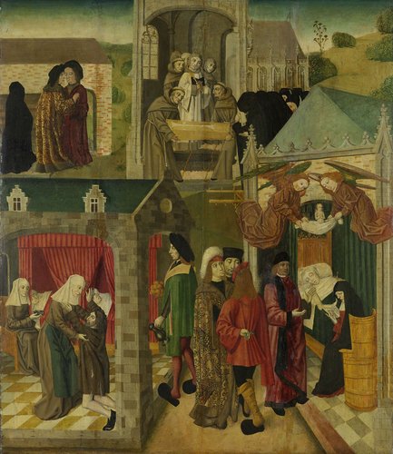 Binnenzijde van de rechtervleugel van een altaarstuk met de heilige Elisabeth die de zieken in Marburg verzorgt en de dood van de heilige Elisabeth