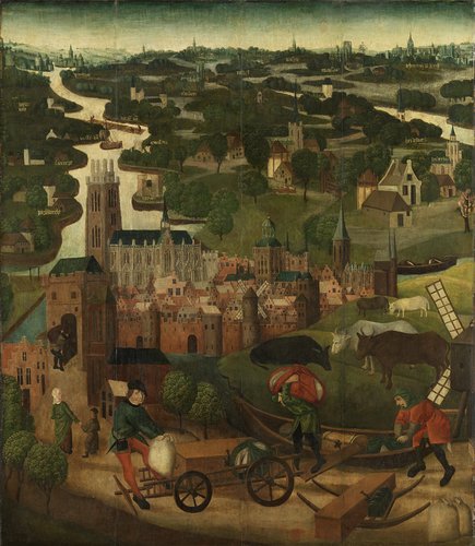 Buitenzijde linker vleugel van een altaarstuk met de Sint Elisabethsvloed, 18-19 november 1421, met de stad Dordrecht op de achtergrond