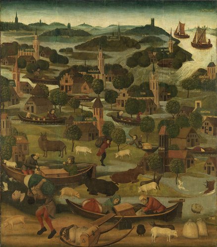 Buitenzijde van de rechter vleugel van een altaarstuk met de Sint Elisabethsvloed, 18-19 november 1421, met de dijkbreuk bij Wieldrecht