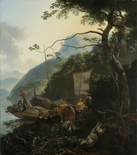 Boatmen moored on the shore of an Italian lake; perhaps intended to represent the flight into Egypt