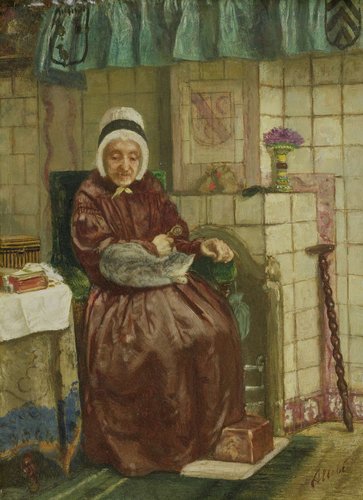 Oude vrouw bij de haard