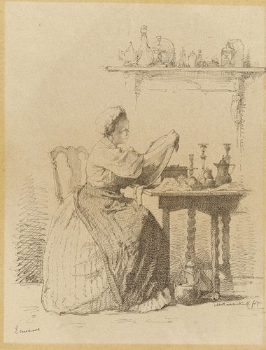 Dienstmeisje dat aan tafel zit te poetsen.