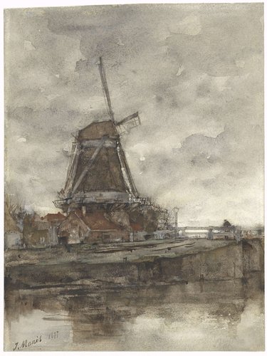 Molen en de brug bij de Noord-West-Buitensingel in Den Haag