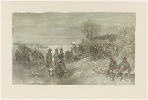 Franse troepen trekken over een bevroren rivier