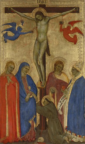 Christ on the Cross with Mary, Sts Mary Magdalene, John the Baptist, Ambrose of Milan (?) and Francis of Assisi