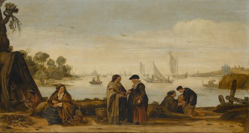 Rivierlandschap met handlezende vrouwen