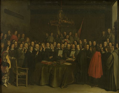 De beëdiging van het vredesverdrag tussen Spanje en de Verenigde Nederlanden in het Raadhuis van Munster, 15 mei 1648