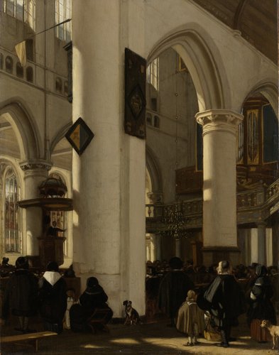 Interieur van een protestantse gotische kerk met motieven van de Oude Kerk te Amsterdam