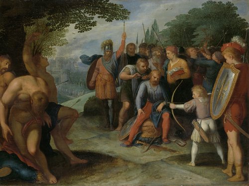 "After the Fall of Vetera Castra Claudius Civilis has his hair cut while his son shoots some prisoners