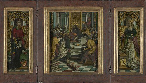 Triptych with the Last Supper (centre panel), Adriana van Roon (c. 1450-1527) with St James the Greater (inner left wing), Dirk Pietersz Spangert (c. 1465-1549) with St Mary Magdalen (inner right wing), the coats of arms of Adriana van Roon (outer left wing) and the Spangert house mark (outer right wing)