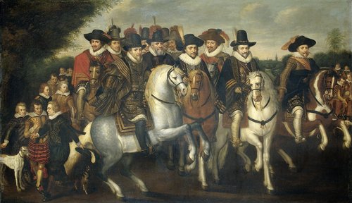 Prins Maurits vergezeld door zijn twee broeders, Frederik V, keurvorst van de Palts en enkele graven van Nassau te paard