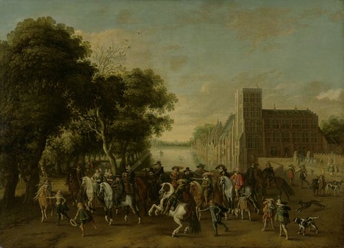 Prins Maurits in gezelschap van o.a. prins Frederik Hendrik, Frederik V en diens vrouw Elizabeth Stuart, koning en koningin van Bohemen, op het Buitenhof in Den Haag