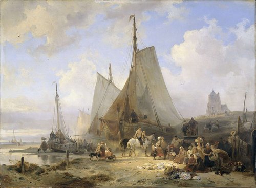 Fishing Boats on the Beach with Fishermen and Women Sorting the Catch