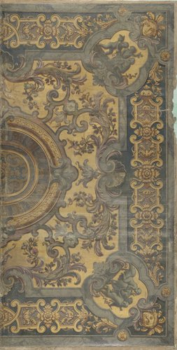 Ornamentale plafondschildering met in de hoeken voorstellingen van putti