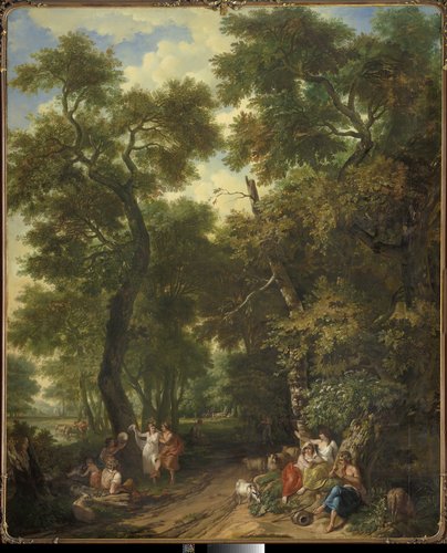 Arcadisch landschap met musicerende en dansende herders