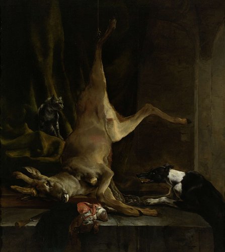 Een hond en een kat bij een half geslachte ree