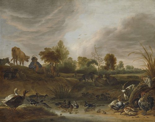 Landschap met een herder, vee en pluimvee