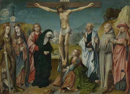 Christus aan het kruis met Maria, Johannes, Maria Magdalena en de heiligen Caecilia en Barbara (links) en Petrus, Franciscus en Hieronymus (rechts)