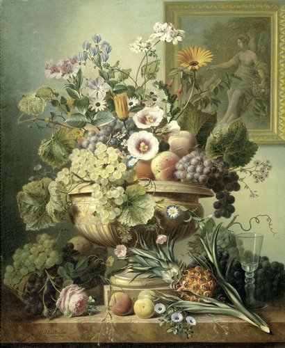 Stilleven met bloemen en vruchten