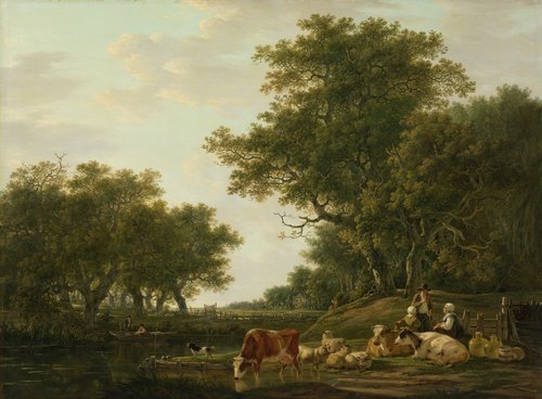 Landschap met landlieden bij hun vee en hengelaars op het water