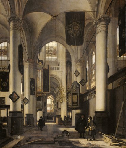 Interieur van een protestantse gotische kerk met motieven van de Oude en de Nieuwe Kerk te Amsterdam