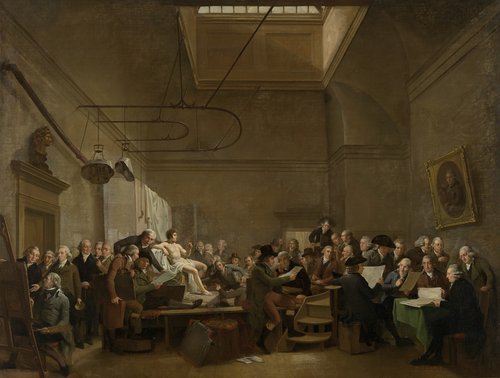 De tekenzaal van de Maatschappij Felix Meritis te Amsterdam, met portretten van kunstenaars, verzamelaars van schilder- en tekenkunst en enkele kunstmakelaars