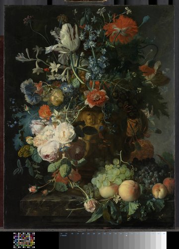 Stilleven met bloemen en vruchten
