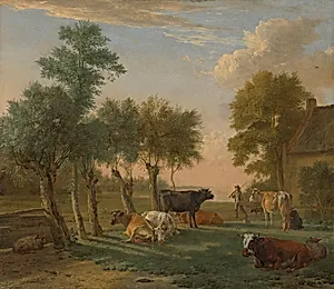 Cows in a Meadow near a Farm