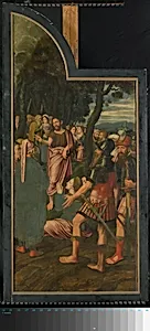 De prediking van Johannes de Doper, linkerpaneel van een drieluik