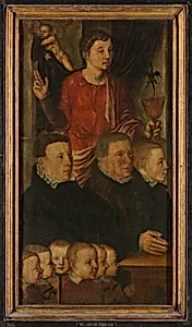 Left wing of a Memorial Triptych, formerly called the Gertz Memorial Triptych, with nine male Donor Portraits with Saint John the Evangelist (inner), and Saint Peter (outer)